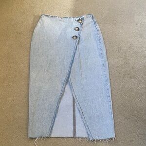 Zara size 28 Lt Blue Denim distressed fringed maxi wrap skirt w button closure